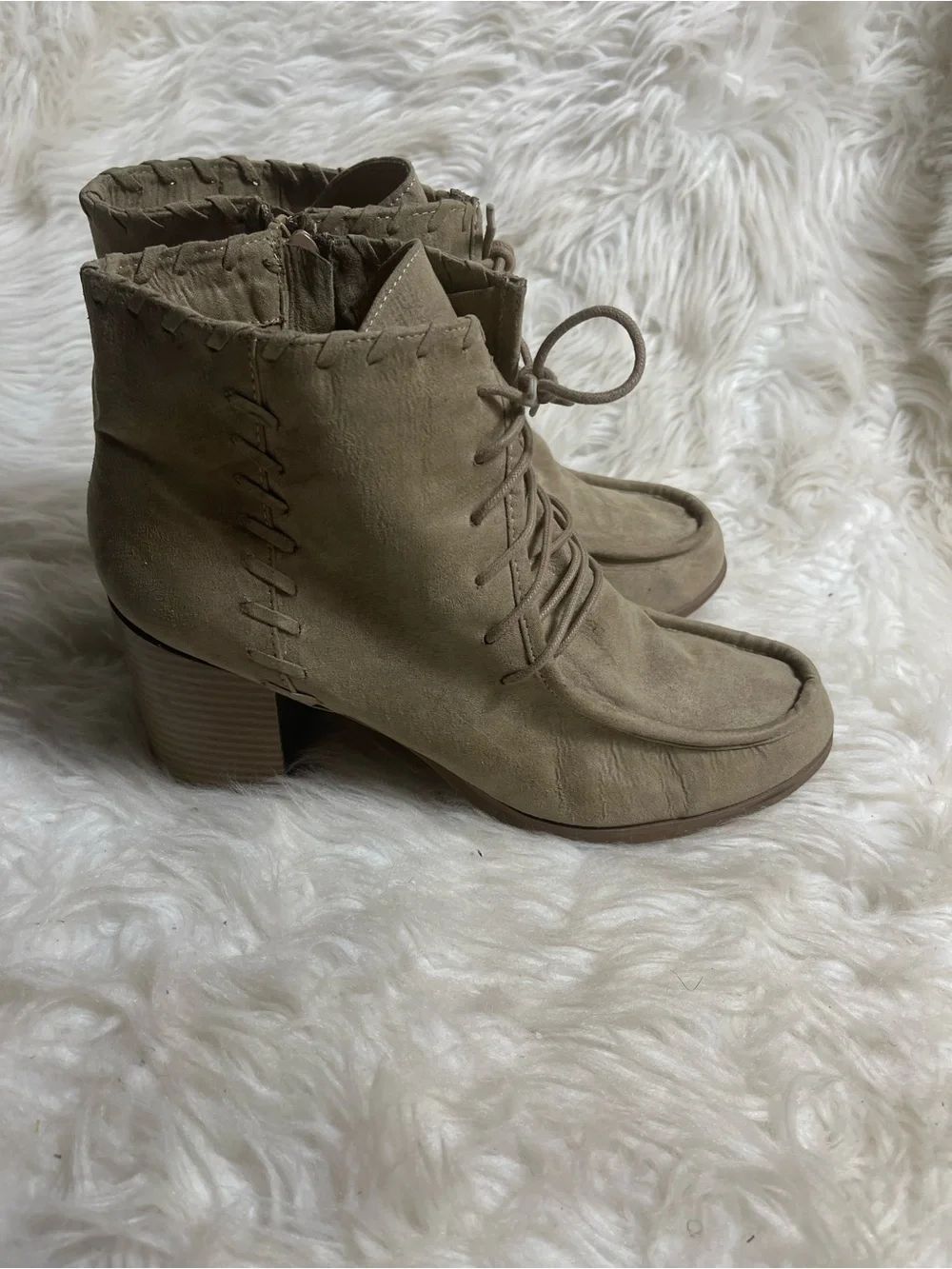 Lane Bryant synthetic suede khaki lace up ankle boots block heels SZ11W